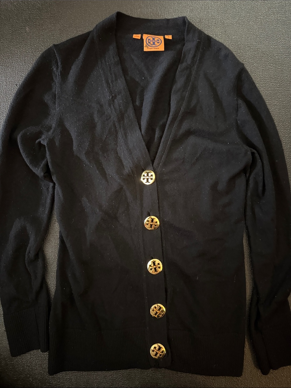 Tory Burch Black Cardigan with Gold Logo Buttons